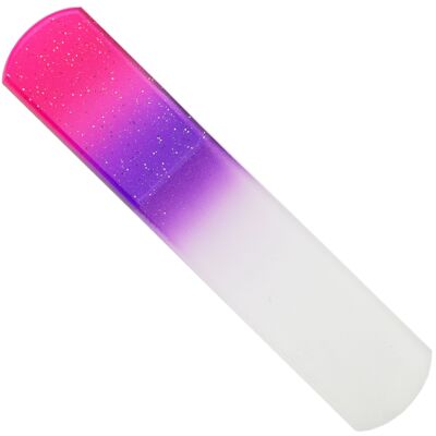 Corneal glass file, double-sided, 2 roughnesses, rounded, purple/pink with glitter, L 13.5 cm, in a case