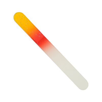 Glass file, double-sided, rounded, orange/red with glitter, L 9 cm, in a case
