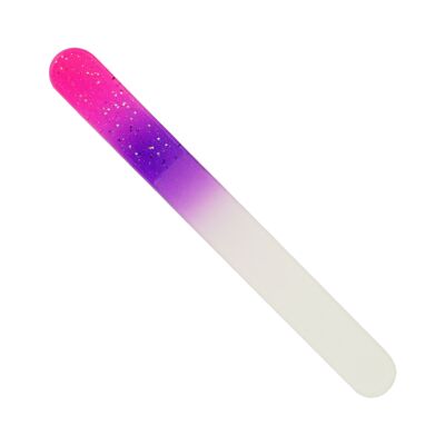 Glass file, double-sided, rounded, purple/pink with glitter, L 9 cm, in a case