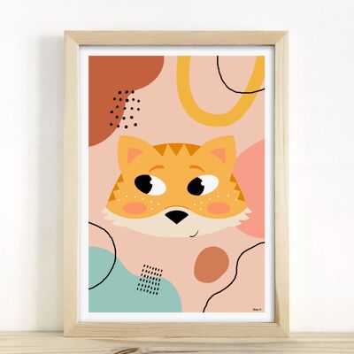 Affiche enfant - "Hello tiger" (Tigre fond abstrait rose) A5