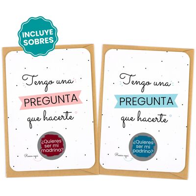 Tarjeta rasca Quieres ser mi padrino y Quieres ser mi madrina. Regalo para anuncio de padrinos de bautizo o boda