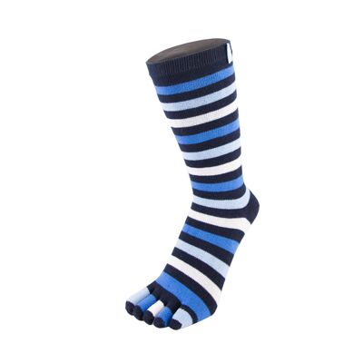 TOETOE® Essential Everyday Unisex Mid-Calf Stripy Cotton Toe Socks - Denim