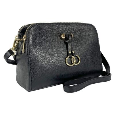 RB1011A | Women's Shoulder Bag in Genuine Leather Made in Italy. Removable shoulder strap. Attachments with shiny gold metal snap hooks - Color Black - Dimensions: 25 x 17 x 10 cm