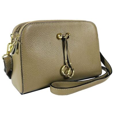 RB1011AQ | Women's Shoulder Bag in Genuine Leather Made in Italy. Removable shoulder strap. Attachments with shiny gold metal snap hooks - Taupe color - Dimensions: 25 x 17 x 10 cm