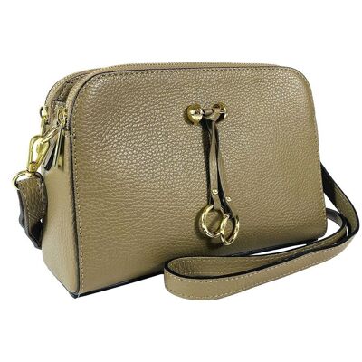 RB1011AQ | Women's Shoulder Bag in Genuine Leather Made in Italy. Removable shoulder strap. Attachments with shiny gold metal snap hooks - Taupe color - Dimensions: 25 x 17 x 10 cm