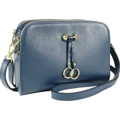 RB1011D | Women's Shoulder Bag in Genuine Leather Made in Italy. Removable shoulder strap. Attachments with shiny gold metal snap hooks - Color Blue - Dimensions: 25 x 17 x 10 cm
