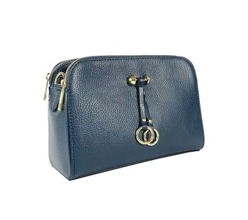 RB1011D | Sac à bandoulière pour femme en cuir véritable fabriqué en Italie. Bandoulière amovible. Attaches avec mousquetons en métal doré brillant - Couleur Bleu - Dimensions : 25 x 17 x 10 cm 5