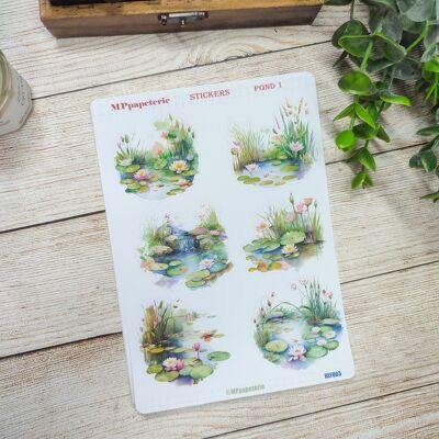 Sheet of stickers in the pond, water lily and soft colors theme 1