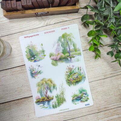 Sheet of stickers in the theme pond, water lily and soft colors 3