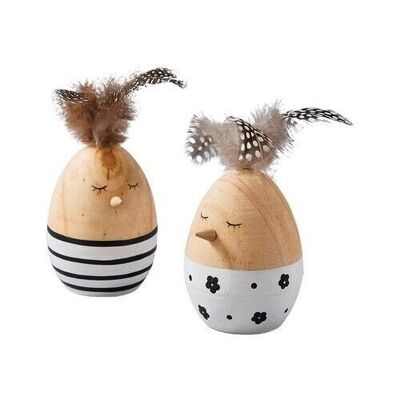 Pascua - Set de 2 huevos decorativos de madera con pluma 6x6x14cm