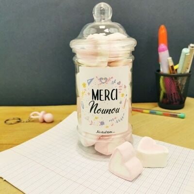 Scatola di caramelle Nounou - 15 cuori di marshmallow - "Merci Nounou"