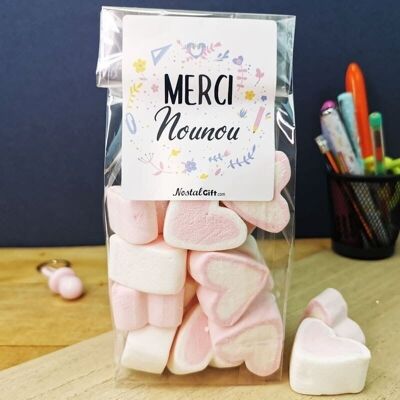 Sacchetto cuore marshmallow grande x 15 - "Merci Nounou"