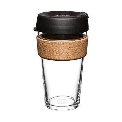 Taza de café de vidrio templado reutilizable con banda de corcho | Grande - 16oz/474ml
