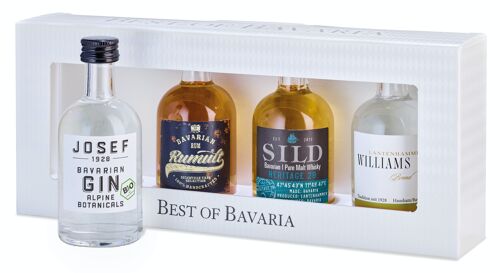 Best of Bavaria- 4 Champions "bestückt mit Williamsbrand filtriert, RUMULT, SILD Whisky HERITAGE 28, JOSEF Gin Alpine Botanicals BIO"