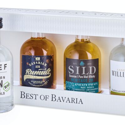 Best of Bavaria- 4 Champions "bestückt mit Williamsbrand filtriert, RUMULT, SILD Whisky HERITAGE 28, JOSEF Gin Alpine Botanicals BIO"