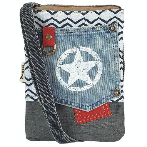 Sunsa Damen kleine Nachhaltige Umhängetasche. Vegan Schultertasche aus recycelte Jeans & Canvas ( Segeltuch). Handtasche Vintage retro Stil. Crossbody Tasche für Frauen.