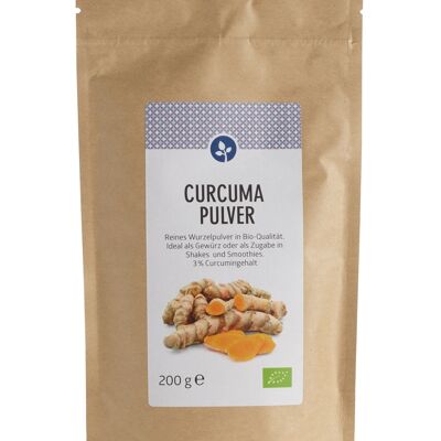 Curcuma Pulver, bio 200g | 3% Curcumin | VEGAN | Beutel mit Zipp-Verschluß