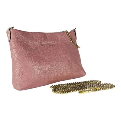 RB1012AZ | Bolso de Hombro Plano para Mujer en Piel Verdadera Hecho en Italia con asa y bandolera metálica extraíble. Fijaciones con mosquetones Oro Pulido - Color Rosa Antiguo - Dimensiones: 26 x 17 x 5 cm