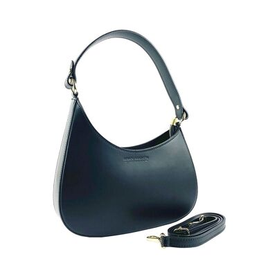 RB1013A | Bolso bandolera para mujer y bandolera extraíble en piel genuina Made in Italy. Sujeciones con mosquetones de metal dorado brillante - Color Negro - Dimensiones: cm 28 x 6 x 25 + 12 (mango)