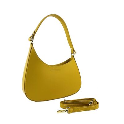 RB1013AR | Bolso bandolera para mujer y bandolera extraíble en piel genuina Made in Italy. Sujeciones con mosquetones de metal dorado brillante - Color mostaza - Medidas: cm 28 x 6 x 25 + 12 (mango)