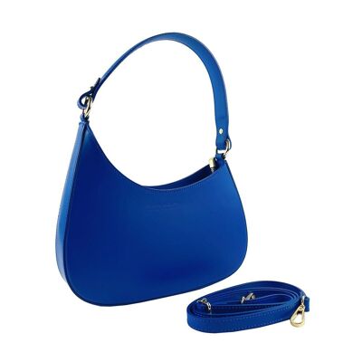 RB1013CH | Sac à bandoulière pour femme et bandoulière amovible en cuir véritable Made in Italy. Attaches avec mousquetons en métal doré brillant - Couleur Bleu Roi - Dimensions : 28 x 6 x 25 + 12 cm (poignée)