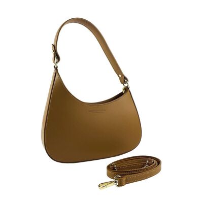 RB1013S | Women's shoulder bag and removable shoulder strap in genuine leather Made in Italy. Attachments with shiny gold metal snap hooks - Cognac color - Dimensions: cm 28 x 6 x 25 + 12 (handle)