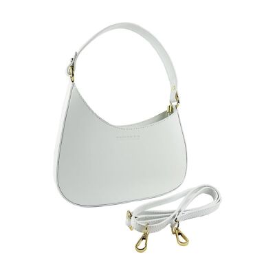 RB1013W | Bolso bandolera para mujer y bandolera extraíble en piel genuina Made in Italy. Sujeciones con mosquetones de metal dorado brillante - Color Blanco - Dimensiones: cm 28 x 6 x 25 + 12 (mango)