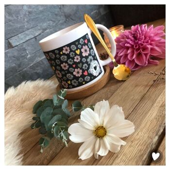 Mug noir cœur & fleurs (Fête des mères, maman, fleuriste, liberty) 4