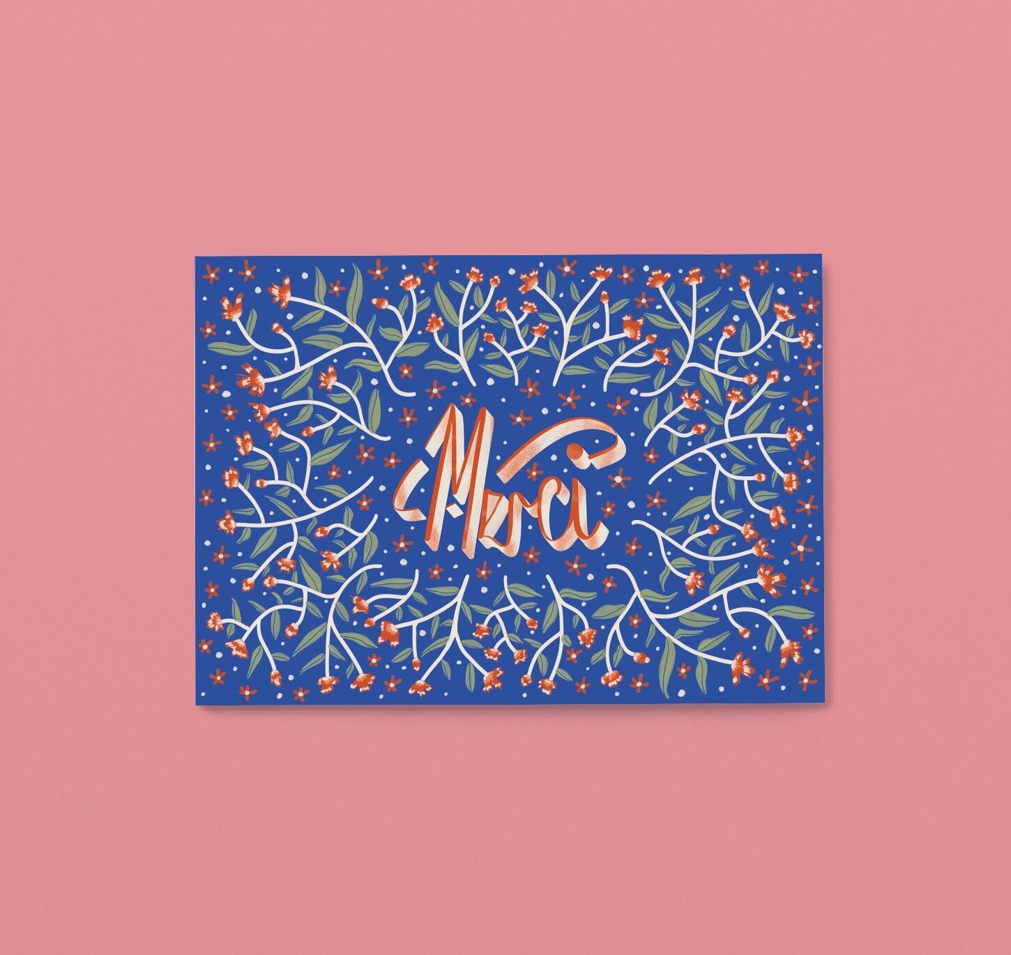 MERCI - Azul claro – LB – Floral ilustrado / Agradecimiento en francés / Tarjeta de agradecimiento.