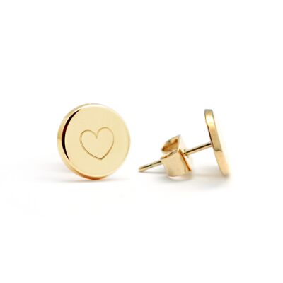 Women's gold-plated round studs - HEART engraving