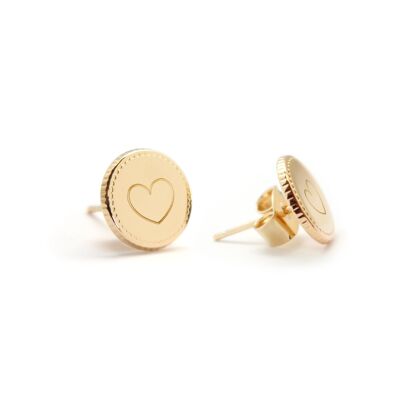 Gold-plated beaded round studs for women - HEART engraving