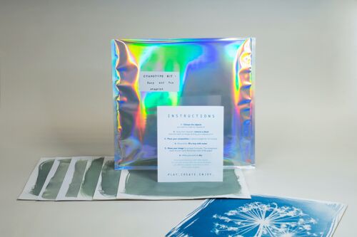 MAXI KIT CYANOTYPE 📸 Photographie magique! DIY créatif arty / cadeau original vacances d'été / bleu papier pinceau / pochette holographique
