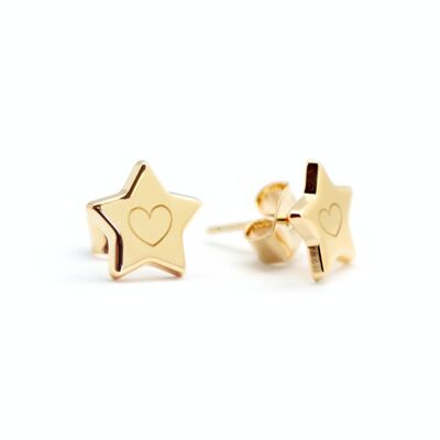 Women's gold-plated star studs - HEART engraving