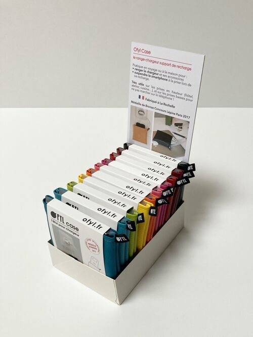 Pochette support de recharge pour smartphone, Ofyl Case. Pack de 16 pièces avec présentoir de comptoir