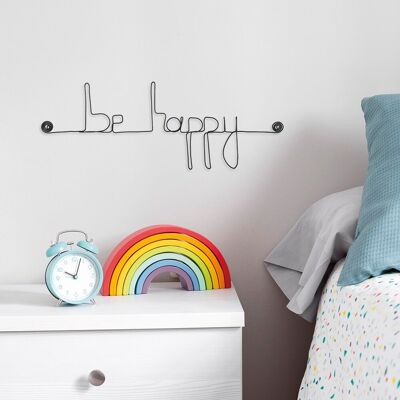 Kleine Wort-Wanddekoration aus Draht „Be happy“ – zum Anstecken – Wandschmuck