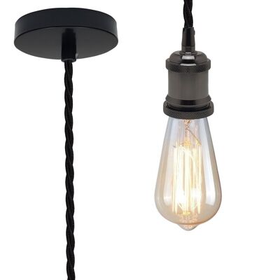 Plafonnier Vintage en Métal Noir Brillant Raccord Noir Torsadé Tressé Flex 2m E27 Support de Lampe Suspendu Suspension Kit de Montage pour Éclairages Intérieurs