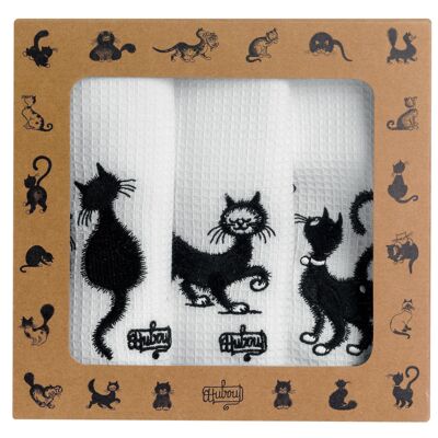 Set of 3 Dubout tea towels White embroidered cats 40 x 60