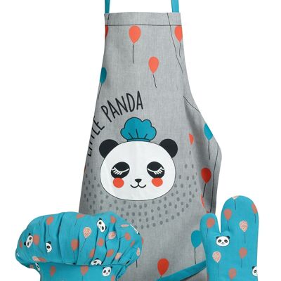 Lot Tablier Toque Gant de cuisine Panda Bleu clair/gris 52 x 63