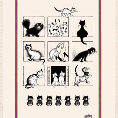 Large Dubout tea towel Gallery of cats Ecru 60 x 80