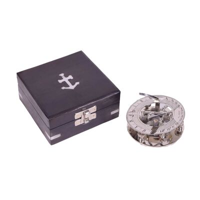 Reloj de sol Brújula niquelado 3" en caja de madera negra