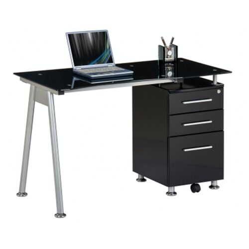 Schreibtisch mit Glasplatte NERO Computertisch mit Stauraum, Schubladen abschließbar, Schwarz-Glas