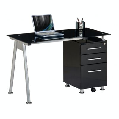 Escritorio con tapa de cristal NERO escritorio para ordenador con espacio de almacenamiento, cajones con cerradura, cristal negro