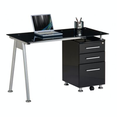 Bureau avec plateau en verre Bureau d'ordinateur NERO avec espace de rangement, tiroirs verrouillables, verre noir