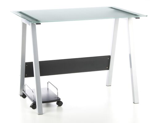 Schreibtisch mit Glasplatte DELPHI Computertisch, Bürotisch, PC-Tisch 100x70, Satin-Glas/Silber