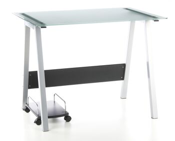 Bureau avec plateau en verre DELPHI table d'ordinateur, table de bureau, table PC 100x70, verre satiné/argent 1