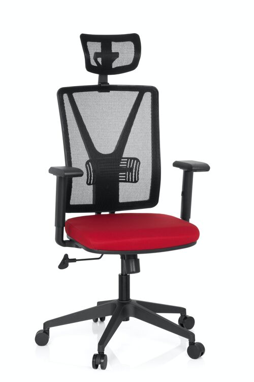 Bürostuhl CARLOW PRO ergonomischer Drehstuhl mit Kopfstütze, Lordosenstütze, Netzstoff, Rot