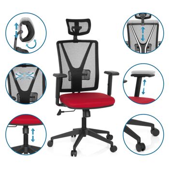 Chaise de bureau CARLOW PRO chaise pivotante ergonomique avec appui-tête, support lombaire, résille, rouge 2