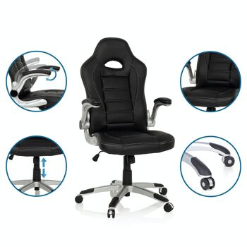 Chaise de direction GAME SPORT chaise de bureau / chaise de jeu, accoudoirs rabattables, simili cuir, noir 2