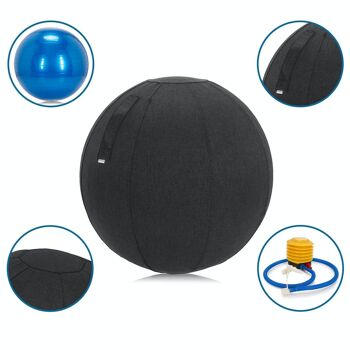 Ballon assis Ballon de gymnastique ergonomique en tissu AKTEVIO 10 avec housse, poignée de transport incluse, noir 2