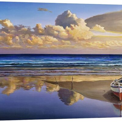 Cuadro con paisaje marino, sobre lienzo: Adriano Galasso, Barcos en la costa